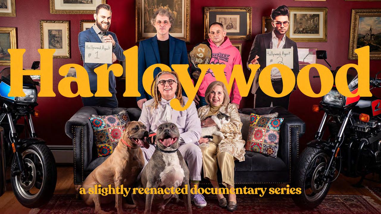 Harleywood key art: Harley, his mother Ina and the cast on a red sofa between two motorbikes